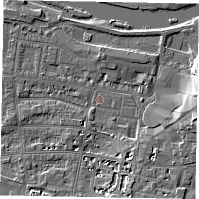 Shaded relief map of the ground around SL41SS, computed from Environment Agency LiDAR. The ground here sits at about 20 m above sea level and falls 10 m across the surrounding 800 m. Surface water reaching this point runs off ground lying to the south-east, 3.5 m higher.