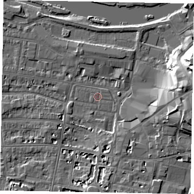 Shaded relief map of the ground around SL41ST, computed from Environment Agency LiDAR. The ground here sits at about 20 m above sea level and falls 22 m across the surrounding 800 m. Surface water reaching this point runs off ground lying to the south-south-east, 3.5 m higher.