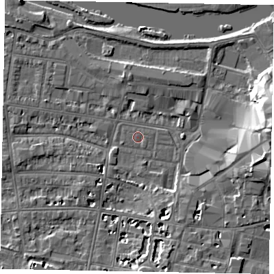 Shaded relief map of the ground around SL41SU, computed from Environment Agency LiDAR. The ground here sits at about 20 m above sea level and falls 14 m across the surrounding 800 m. The ground contributing surface water to this point lies to the south-east.