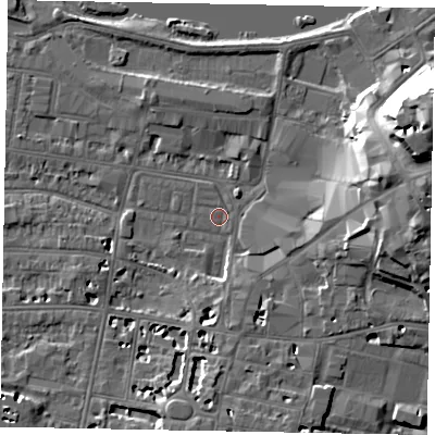 Shaded relief map of the ground around SL41SX, computed from Environment Agency LiDAR. The ground here sits at about 20 m above sea level and falls 26 m across the surrounding 800 m. Surface water reaching this point runs off ground lying to the south, 3.5 m higher.