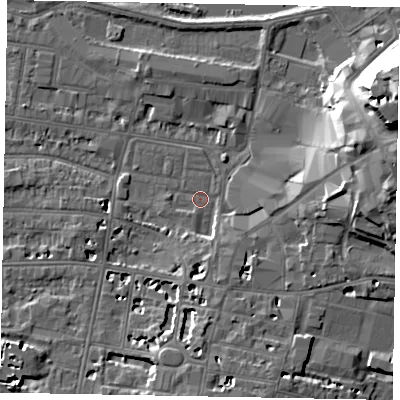 Shaded relief map of the ground around SL41SY, computed from Environment Agency LiDAR. The ground here sits at about 20 m above sea level and falls 25 m across the surrounding 800 m. Surface water reaching this point runs off ground lying to the south-south-east, 3.5 m higher.