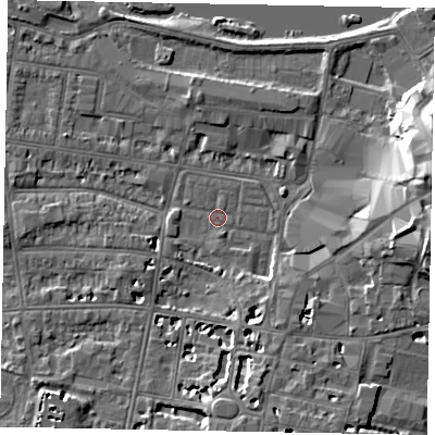 Shaded relief map of the ground around SL41SZ, computed from Environment Agency LiDAR. The ground here sits at about 20 m above sea level and falls 16 m across the surrounding 800 m. The ground contributing surface water to this point lies to the north-north-east.