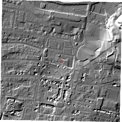 Shaded relief map of the ground around SL41TA, computed from Environment Agency LiDAR. The ground here sits at about 21 m above sea level and falls 21 m across the surrounding 800 m. Surface water reaching this point runs off ground lying to the south-east, 3.2 m higher.