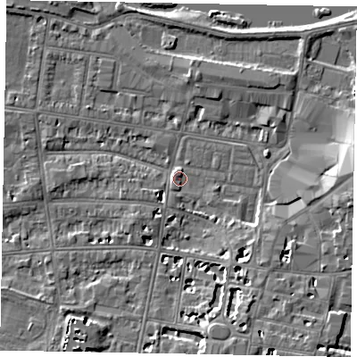 Shaded relief map of the ground around SL41TB, computed from Environment Agency LiDAR. The ground here sits at about 21 m above sea level and falls 8 m across the surrounding 800 m. Surface water reaching this point runs off ground lying to the south-east, 7.1 m higher.