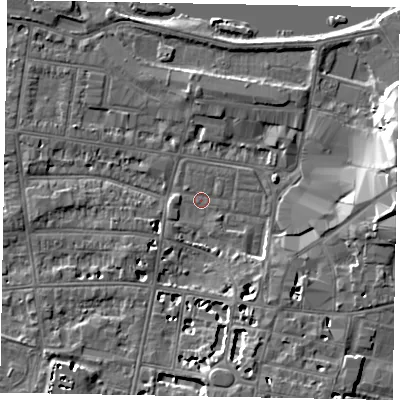 Shaded relief map of the ground around SL41TD, computed from Environment Agency LiDAR. The ground here sits at about 20 m above sea level and falls 12 m across the surrounding 800 m. Surface water reaching this point runs off ground lying to the south-south-east, 6.9 m higher.