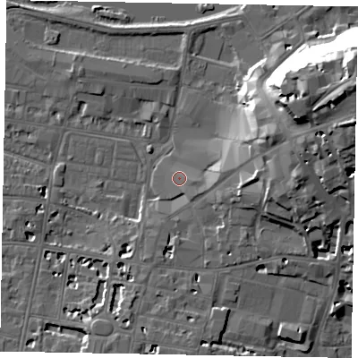 Shaded relief map of the ground around SL41TF, computed from Environment Agency LiDAR. The ground here sits at about 22 m above sea level and falls 32 m across the surrounding 800 m. Surface water reaching this point runs off ground lying to the south-east, 2.0 m higher.