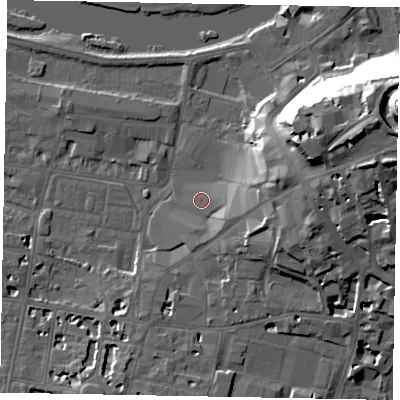 Shaded relief map of the ground around SL41TG, computed from Environment Agency LiDAR. The ground here sits at about 21 m above sea level and falls 40 m across the surrounding 800 m. Surface water reaching this point runs off ground lying to the east, 2.4 m higher.