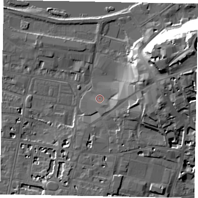 Shaded relief map of the ground around SL41TH, computed from Environment Agency LiDAR. The ground here sits at about 21 m above sea level and falls 33 m across the surrounding 800 m. Surface water reaching this point runs off ground lying to the east, 4.5 m higher.