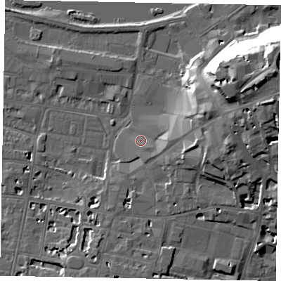 Shaded relief map of the ground around SL41TQ, computed from Environment Agency LiDAR. The ground here sits at about 22 m above sea level and falls 33 m across the surrounding 800 m. Surface water reaching this point runs off ground lying to the east, 4.4 m higher.