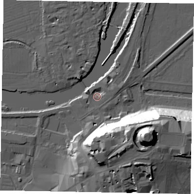 Shaded relief map of the ground around SL41TX, computed from Environment Agency LiDAR. The ground here sits at about 20 m above sea level and falls 48 m across the surrounding 800 m. Surface water reaching this point runs off ground lying to the west-north-west, 3.4 m higher.