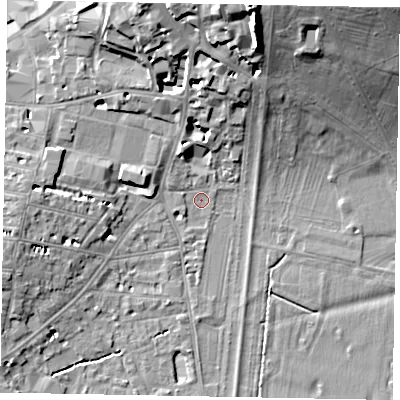 Shaded relief map of the ground around SL42AB, computed from Environment Agency LiDAR. The ground here sits at about 20 m above sea level and falls 21 m across the surrounding 800 m. Surface water reaching this point runs off ground lying to the west, 6.9 m higher.
