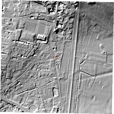 Shaded relief map of the ground around SL42AD, computed from Environment Agency LiDAR. The ground here sits at about 21 m above sea level and falls 16 m across the surrounding 800 m. Surface water reaching this point runs off ground lying to the west, 7.0 m higher.