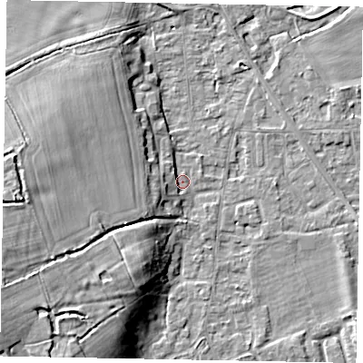 Shaded relief map of the ground around SL42AF, computed from Environment Agency LiDAR. The ground here sits at about 18 m above sea level and falls 12 m across the surrounding 800 m. Surface water reaching this point runs off ground lying to the west-south-west, 11.5 m higher.