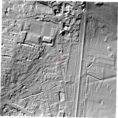 Shaded relief map of the ground around SL42AG, computed from Environment Agency LiDAR. The ground here sits at about 21 m above sea level and falls 17 m across the surrounding 800 m. Surface water reaching this point runs off ground lying to the west, 7.0 m higher.