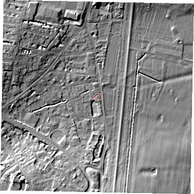 Shaded relief map of the ground around SL42AH, computed from Environment Agency LiDAR. The ground here sits at about 21 m above sea level and falls 10 m across the surrounding 800 m. Surface water reaching this point runs off ground lying to the south, 7.9 m higher.
