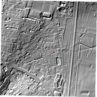 Shaded relief map of the ground around SL42AJ, computed from Environment Agency LiDAR. The ground here sits at about 21 m above sea level and falls 10 m across the surrounding 800 m. Surface water reaching this point runs off ground lying to the west-north-west, 1.0 m higher.