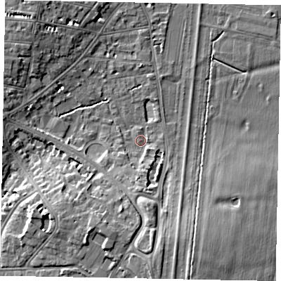 Shaded relief map of the ground around SL42AN, computed from Environment Agency LiDAR. The ground here sits at about 21 m above sea level and falls 10 m across the surrounding 800 m. Surface water reaching this point runs off ground lying to the south, 4.6 m higher.