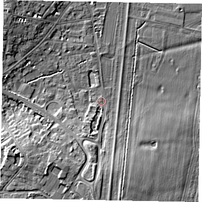 Shaded relief map of the ground around SL42AP, computed from Environment Agency LiDAR. The ground here sits at about 21 m above sea level and falls 10 m across the surrounding 800 m. Surface water reaching this point runs off ground lying to the south, 6.5 m higher.
