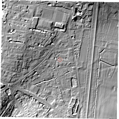 Shaded relief map of the ground around SL42AQ, computed from Environment Agency LiDAR. The ground here sits at about 21 m above sea level and falls 10 m across the surrounding 800 m. Surface water reaching this point runs off ground lying to the west, 6.4 m higher.