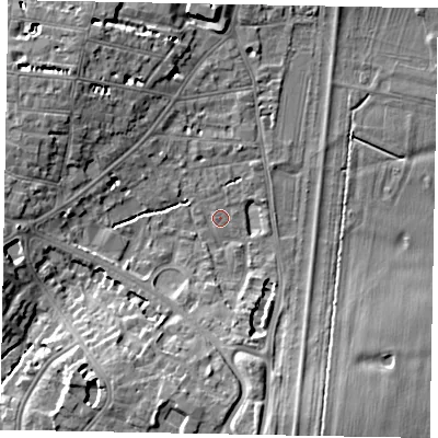 Shaded relief map of the ground around SL42AW, computed from Environment Agency LiDAR. The ground here sits at about 21 m above sea level and falls 10 m across the surrounding 800 m. Surface water reaching this point runs off ground lying to the south-south-east, 7.9 m higher.