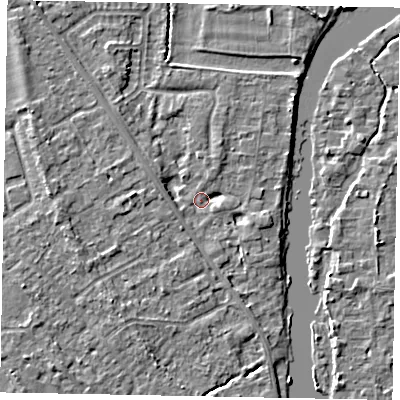 Shaded relief map of the ground around SL42BF, computed from Environment Agency LiDAR. The ground here sits at about 17 m above sea level and falls 4 m across the surrounding 800 m. Surface water reaching this point runs off ground lying to the south-west, 3.6 m higher.