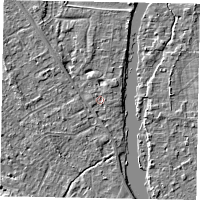 Shaded relief map of the ground around SL42FB, computed from Environment Agency LiDAR. The ground here sits at about 17 m above sea level and falls 6 m across the surrounding 800 m. Surface water reaching this point runs off ground lying to the west-south-west, 3.6 m higher.