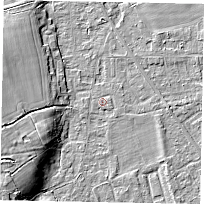 Shaded relief map of the ground around SL42FD, computed from Environment Agency LiDAR. The ground here sits at about 18 m above sea level and falls 11 m across the surrounding 800 m. Surface water reaching this point runs off ground lying to the west-south-west, 10.7 m higher.