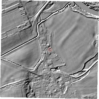 Shaded relief map of the ground around SL42FF, computed from Environment Agency LiDAR. The ground here sits at about 18 m above sea level and falls 9 m across the surrounding 800 m. Surface water reaching this point runs off ground lying to the south-west, 1.2 m higher.
