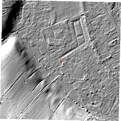 Shaded relief map of the ground around SL42GA, computed from Environment Agency LiDAR. The ground here sits at about 18 m above sea level and falls 19 m across the surrounding 800 m. Surface water reaching this point runs off ground lying to the south-west, 18.3 m higher.