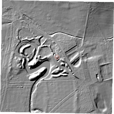 Shaded relief map of the ground around SL42JG, computed from Environment Agency LiDAR. The ground here sits at about 22 m above sea level and falls 12 m across the surrounding 800 m. Surface water reaching this point runs off ground lying to the south-east, 2.1 m higher.