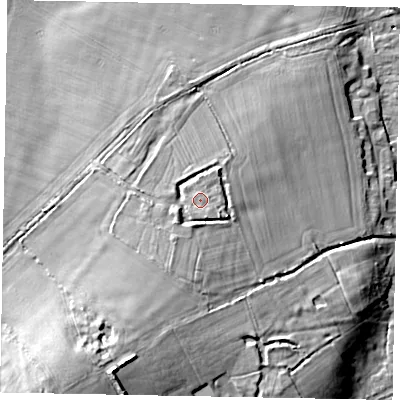 Shaded relief map of the ground around SL42JH, computed from Environment Agency LiDAR. The ground here sits at about 28 m above sea level and falls 18 m across the surrounding 800 m. Surface water reaching this point runs off ground lying to the south-south-east, 1.1 m higher.