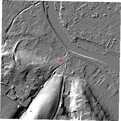 Shaded relief map of the ground around SL42JJ, computed from Environment Agency LiDAR. The ground here sits at about 17 m above sea level and falls 28 m across the surrounding 800 m. Surface water reaching this point runs off ground lying to the south-west, 26.9 m higher.