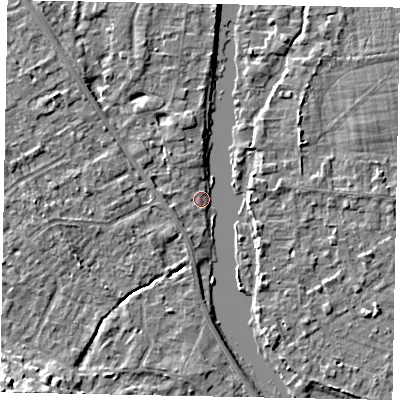 Shaded relief map of the ground around SL42JL, computed from Environment Agency LiDAR. The ground here sits at about 17 m above sea level and falls 14 m across the surrounding 800 m. Surface water reaching this point runs off ground lying to the south-west, 13.4 m higher.