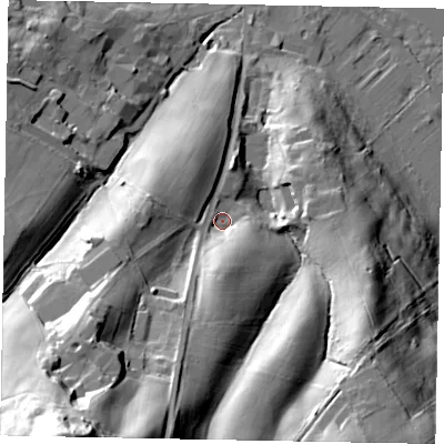 Shaded relief map of the ground around SL42JN, computed from Environment Agency LiDAR. The ground here sits at about 32 m above sea level and falls 68 m across the surrounding 800 m. Surface water reaching this point runs off ground lying to the south-west, 49.7 m higher.