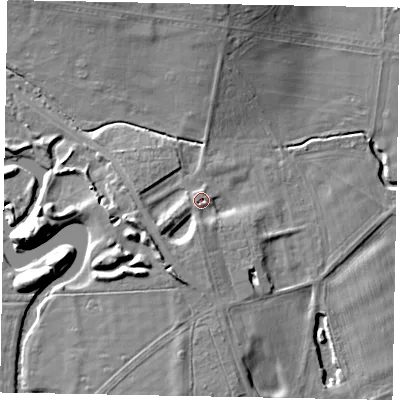 Shaded relief map of the ground around SL42JQ, computed from Environment Agency LiDAR. The ground here sits at about 21 m above sea level and falls 13 m across the surrounding 800 m. Surface water reaching this point runs off ground lying to the south-west, 3.2 m higher.