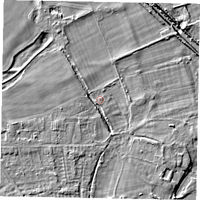 Shaded relief map of the ground around SL42JR, computed from Environment Agency LiDAR. The ground here sits at about 18 m above sea level and falls 6 m across the surrounding 800 m. Surface water reaching this point runs off ground lying to the west-south-west, 3.3 m higher.