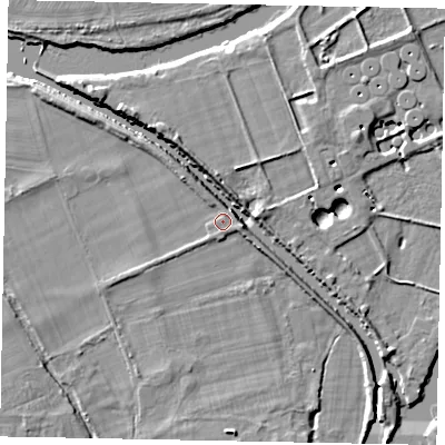 Shaded relief map of the ground around SL42JS, computed from Environment Agency LiDAR. The ground here sits at about 19 m above sea level and falls 7 m across the surrounding 800 m. Surface water reaching this point runs off ground lying to the east-south-east, 1.6 m higher.