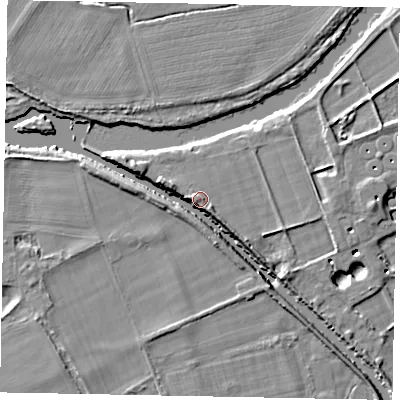 Shaded relief map of the ground around SL42JT, computed from Environment Agency LiDAR. The ground here sits at about 20 m above sea level and falls 7 m across the surrounding 800 m. Surface water reaching this point runs off ground lying to the south-east, 5.6 m higher.