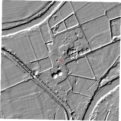 Shaded relief map of the ground around SL42JU, computed from Environment Agency LiDAR. The ground here sits at about 19 m above sea level and falls 7 m across the surrounding 800 m. Surface water reaching this point runs off ground lying to the north-north-east, 3.1 m higher.