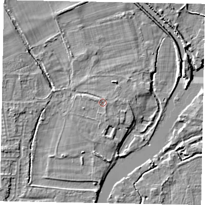 Shaded relief map of the ground around SL42JW, computed from Environment Agency LiDAR. The ground here sits at about 18 m above sea level and falls 5 m across the surrounding 800 m. Surface water reaching this point runs off ground lying to the south-south-east, 0.7 m higher.