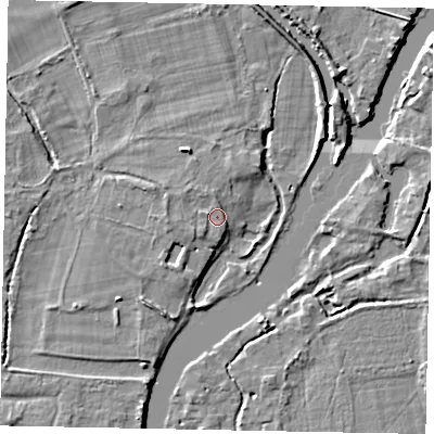 Shaded relief map of the ground around SL42JX, computed from Environment Agency LiDAR. The ground here sits at about 18 m above sea level and falls 5 m across the surrounding 800 m. Surface water reaching this point runs off ground lying to the west, 0.9 m higher.