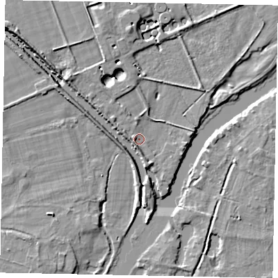 Shaded relief map of the ground around SL42JY, computed from Environment Agency LiDAR. The ground here sits at about 17 m above sea level and falls 7 m across the surrounding 800 m. Surface water reaching this point runs off ground lying to the north-west, 6.6 m higher.