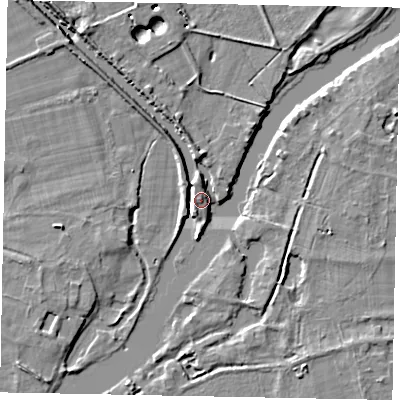 Shaded relief map of the ground around SL42JZ, computed from Environment Agency LiDAR. The ground here sits at about 18 m above sea level and falls 7 m across the surrounding 800 m. Surface water reaching this point runs off ground lying to the south-south-west, 4.0 m higher.