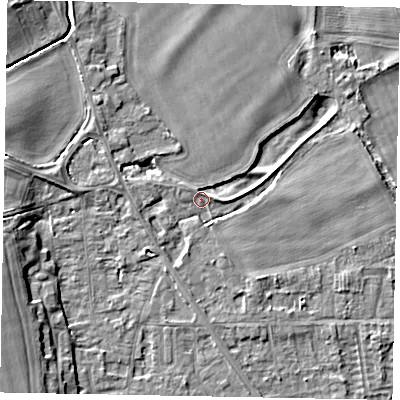 Shaded relief map of the ground around SL42LA, computed from Environment Agency LiDAR. The ground here sits at about 18 m above sea level and falls 8 m across the surrounding 800 m. Surface water reaching this point runs off ground lying to the south-east, 3.4 m higher.