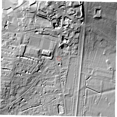Shaded relief map of the ground around SL42LB, computed from Environment Agency LiDAR. The ground here sits at about 21 m above sea level and falls 22 m across the surrounding 800 m. Surface water reaching this point runs off ground lying to the north-north-east, 16.5 m higher.