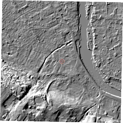 Shaded relief map of the ground around SL42LF, computed from Environment Agency LiDAR. The ground here sits at about 17 m above sea level and falls 28 m across the surrounding 800 m. Surface water reaching this point runs off ground lying to the south-south-east, 0.8 m higher.
