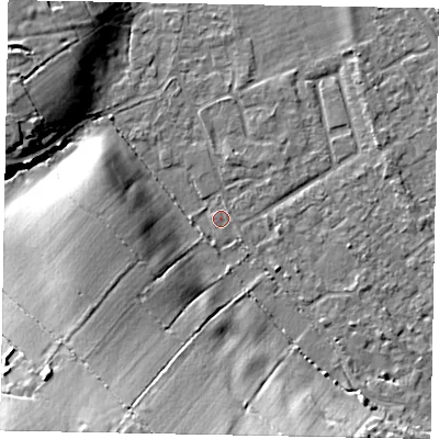 Shaded relief map of the ground around SL42LG, computed from Environment Agency LiDAR. The ground here sits at about 18 m above sea level and falls 21 m across the surrounding 800 m. Surface water reaching this point runs off ground lying to the south-south-west, 18.1 m higher.