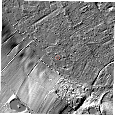 Shaded relief map of the ground around SL42LH, computed from Environment Agency LiDAR. The ground here sits at about 18 m above sea level and falls 28 m across the surrounding 800 m. Surface water reaching this point runs off ground lying to the south, 2.8 m higher.