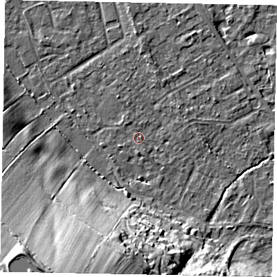 Shaded relief map of the ground around SL42LJ, computed from Environment Agency LiDAR. The ground here sits at about 18 m above sea level and falls 27 m across the surrounding 800 m. Surface water reaching this point runs off ground lying to the south, 1.1 m higher.