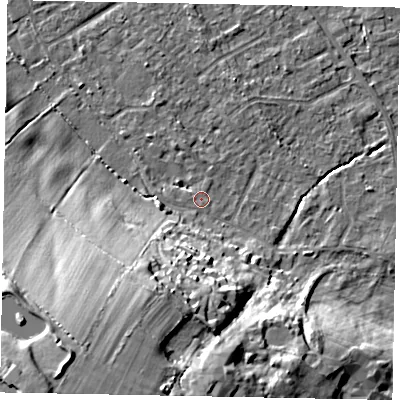 Shaded relief map of the ground around SL42LN, computed from Environment Agency LiDAR. The ground here sits at about 18 m above sea level and falls 31 m across the surrounding 800 m. Surface water reaching this point runs off ground lying to the south-south-west, 23.6 m higher.